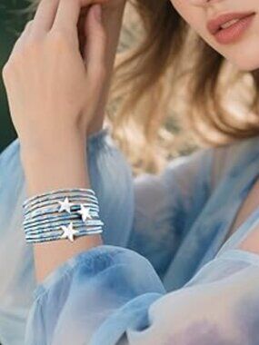 Boho Leather Wrap Bracelet Multi-Layer Blue with Stars Western Jewelry